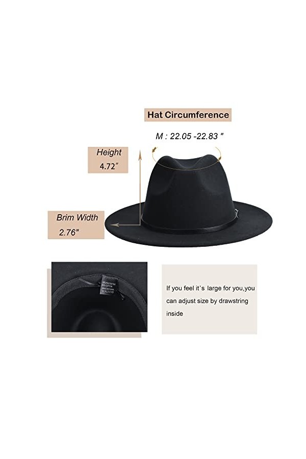 Chapeau Fedora Panama à large bord en feutre avec boucle de ceinture pour femme, noir, 7-7 1/4