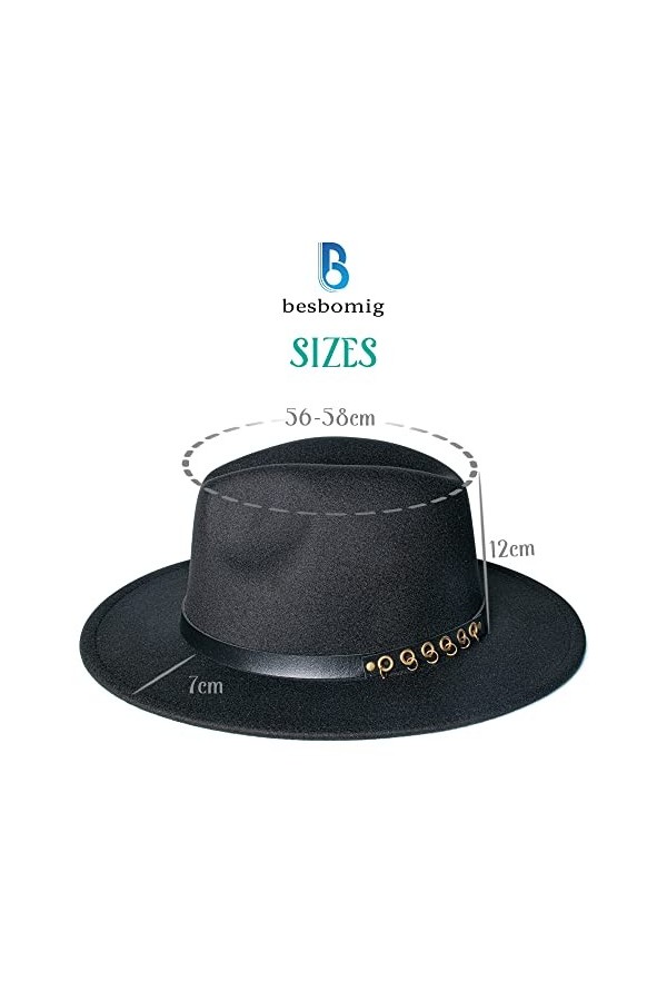 besbomig Fedora Chapeau de Jazz en Feutre Casquette à Large Bord Réglable Trilby Cap Printemps Automne Hiver Femme Homme Élég