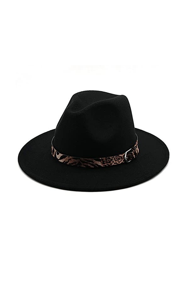 VASANA Chapeau Fedora Panama unisexe en laine mélangée à large bord en feutre avec boucle léopard - Parfait pour homme et fem