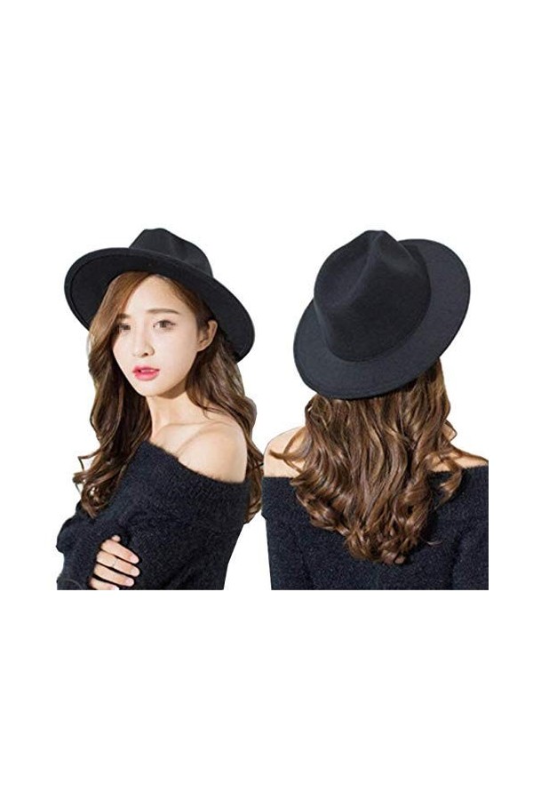 UPSTORE Chapeau Fedora classique à large bord en feutre pour femme Noir, Noir