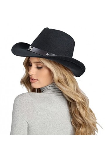 HilyBony Chapeau Fedora de cowboy pour femme - Chapeau Fedora en feutre à large bord avec ceinture, Noir , M
