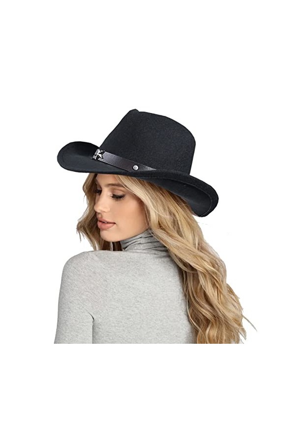 HilyBony Chapeau Fedora de cowboy pour femme - Chapeau Fedora en feutre à large bord avec ceinture, Noir , M