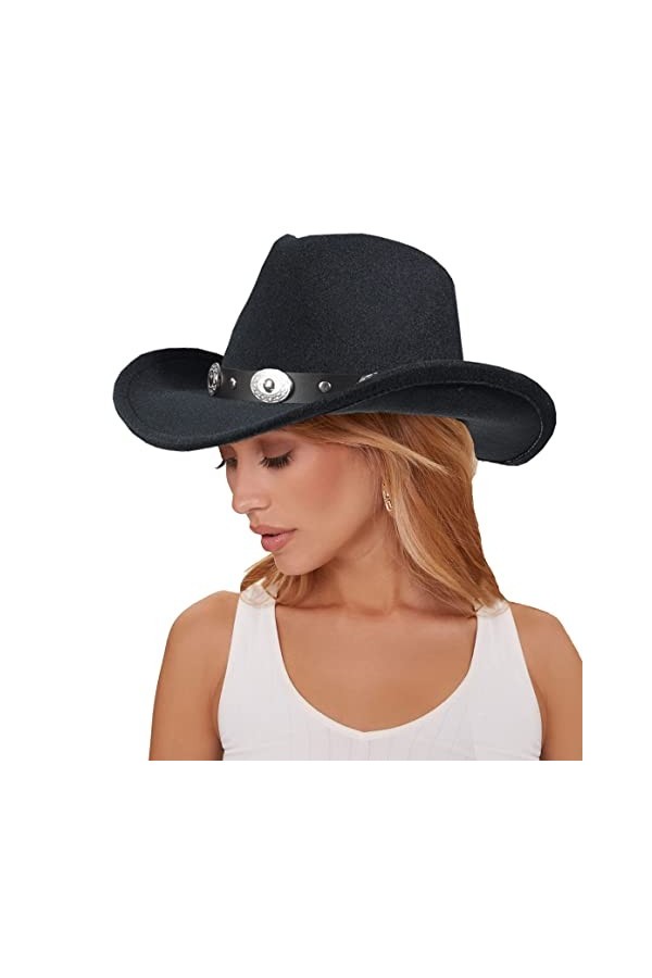 HilyBony Chapeau Fedora de cowboy pour femme - Chapeau Fedora en feutre à large bord avec ceinture, Noir , M