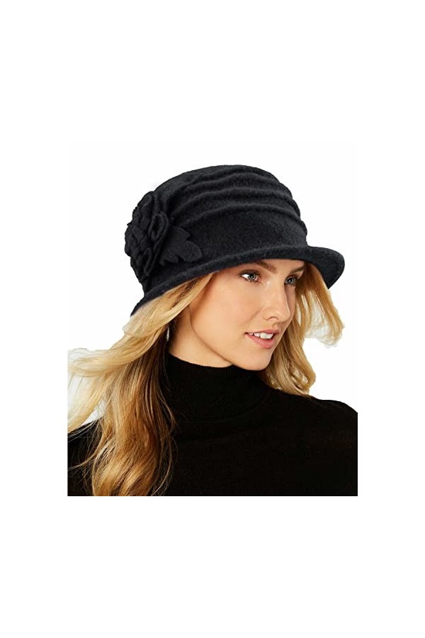 Chapeau cloche rond pour femme vintage en laine des années 1920, noir, Taille M