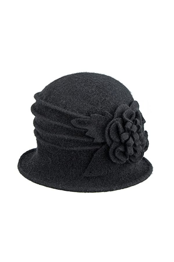 Chapeau cloche rond pour femme vintage en laine des années 1920, noir, Taille M