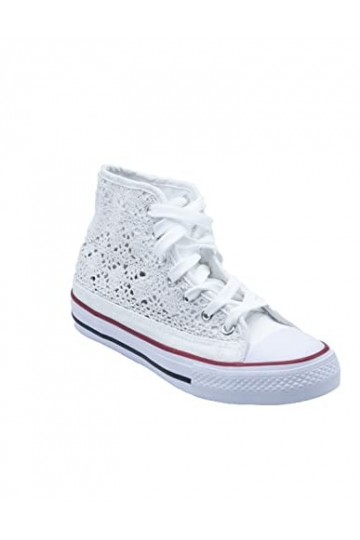 Primtex Baskets Dentelle Montantes Blanches brodées Femme Semelle Caoutchouc