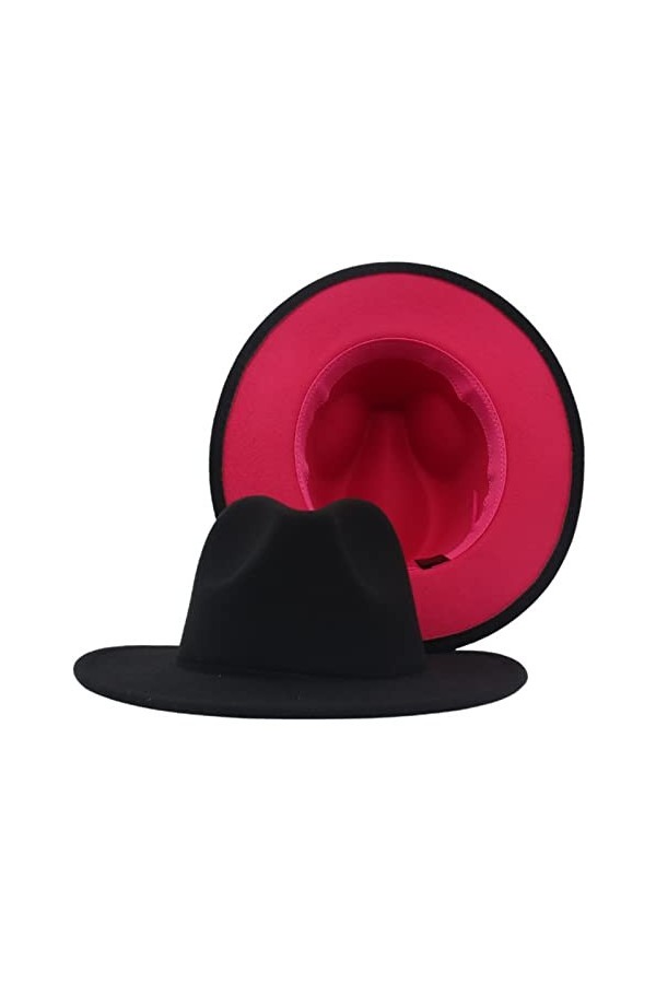 Faringoto Chapeau Fedora pour femme en feutre de laine vintage déglise chapeau unisexe large bord, Bleu marine/rouge, L