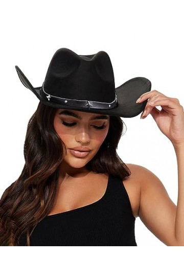 Eohak Chapeau de cowgirl clouté pour femme - Chapeau de cowboy western à large bord - Chapeau fedoras écrasable avec boucle d