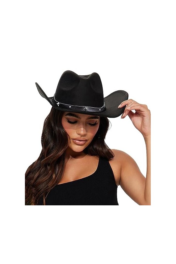 Eohak Chapeau de cowgirl clouté pour femme - Chapeau de cowboy western à large bord - Chapeau fedoras écrasable avec boucle d