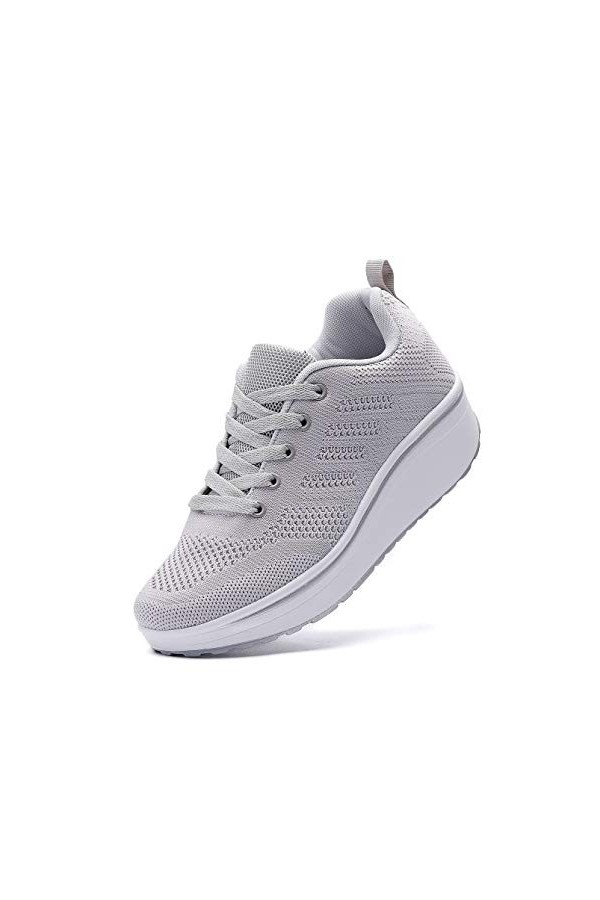 WUIWUIYU Femmes Baskets Compensées Chaussures de Sport à Lacets Sneakers -Gris 41