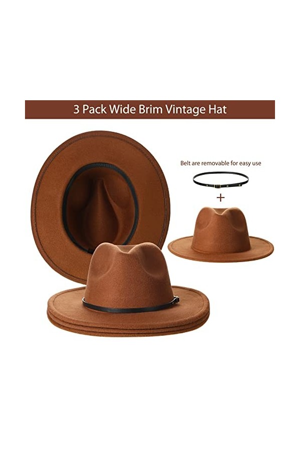 3 Chapeaux Fedora en Laine Chapeau Panama à Bord Large avec Boucle Ceinture