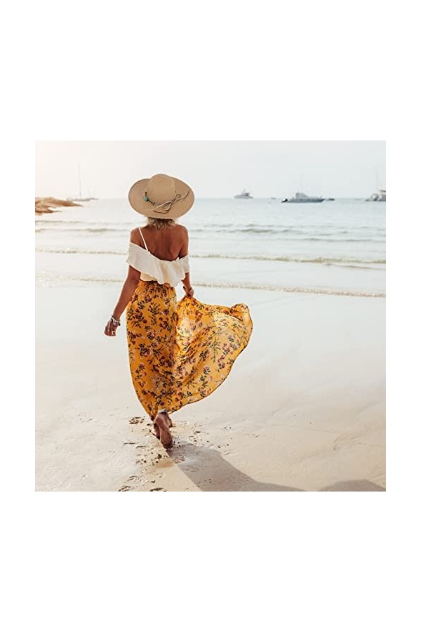 Relaxdays Chapeau de Paille, élégant pour Femmes, été, Plage & Festival, chaîne et Pierres décoratives, Marron