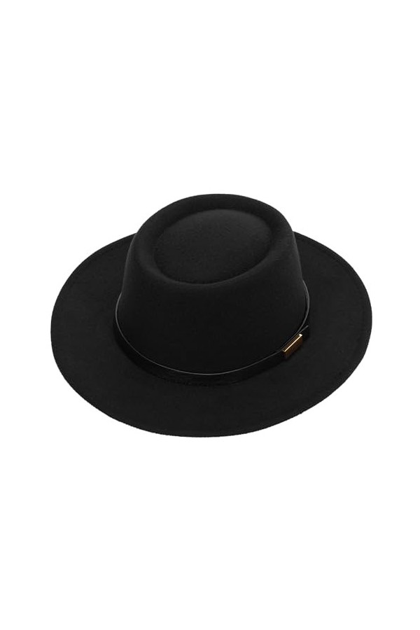 Chapeau Fedora en feutre à large bord avec ceinture à boucle pour homme et femme, Noir , M