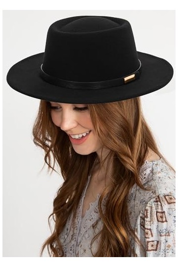Chapeau Fedora en feutre à large bord avec ceinture à boucle pour homme et femme, Noir , M
