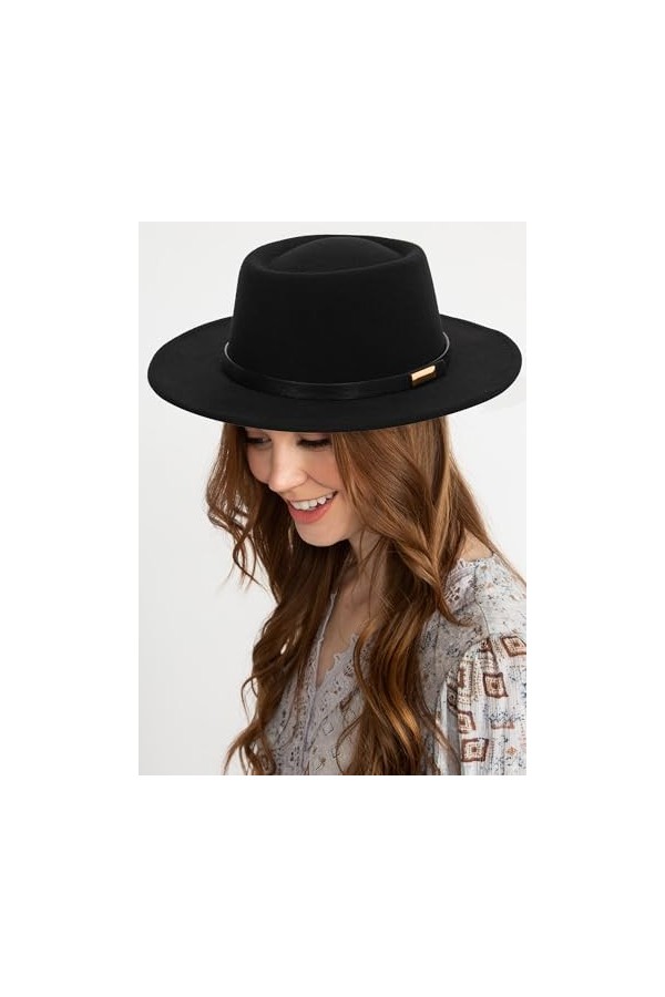 Chapeau Fedora en feutre à large bord avec ceinture à boucle pour homme et femme, Noir , M