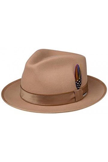 Stetson Fedora Woolfelt/Cashmere – Chapeau Falda Large – Élégant avec plume, laine et cachemire, une merveilles – Beige – Aut