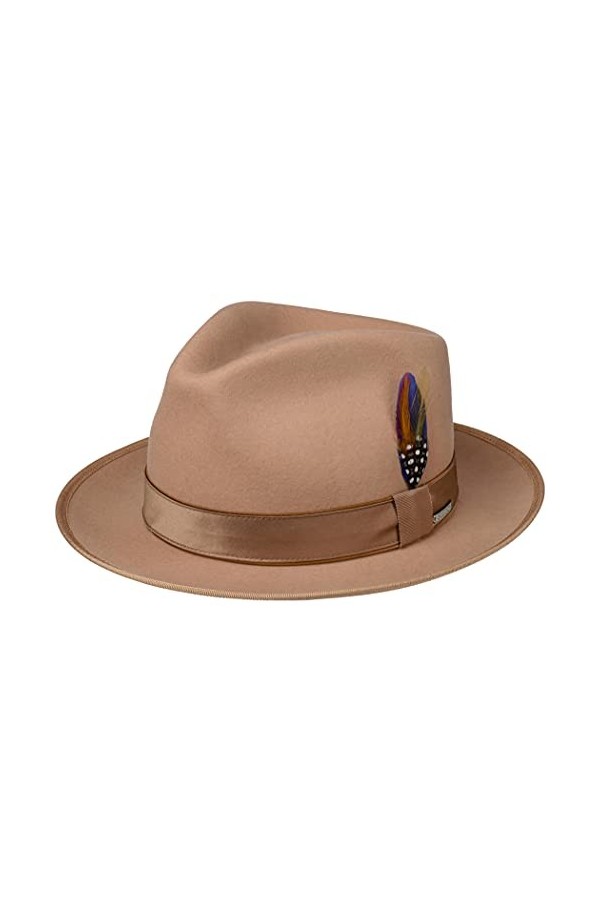 Stetson Fedora Woolfelt/Cashmere – Chapeau Falda Large – Élégant avec plume, laine et cachemire, une merveilles – Beige – Aut