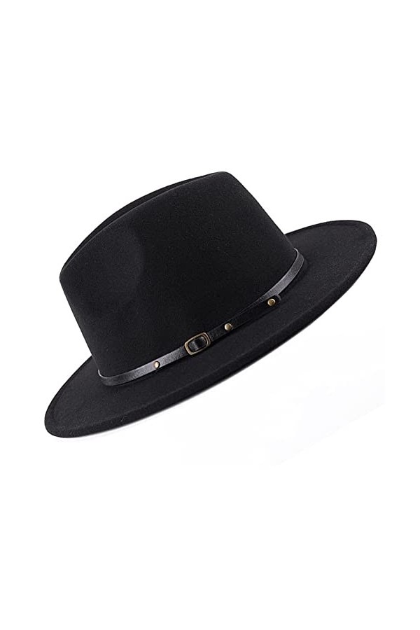 VASANA Chapeau Fedora classique unisexe réglable à large bord plat avec boucle de ceinture pour homme et femme noir , Noir ,