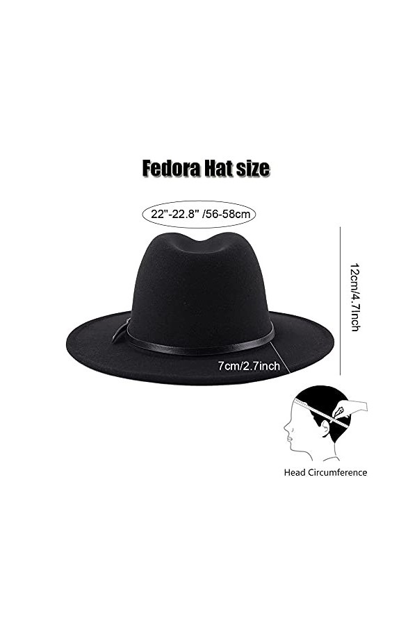 VASANA Chapeau Fedora classique unisexe réglable à large bord plat avec boucle de ceinture pour homme et femme noir , Noir ,
