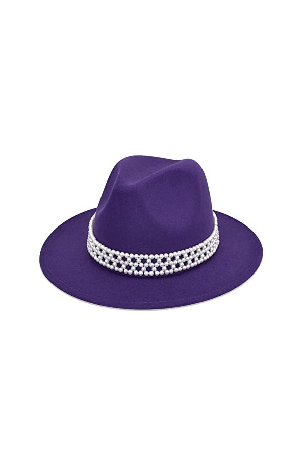 HUDANHUWEI Chapeau fedora à large bord avec perles pour femme, violet, Taille M