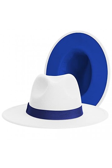 Chapeau Fedora classique à large bord pour femme Bicolore avec bande réglable Patchwork Couleurs Panama - blanc - Taille L