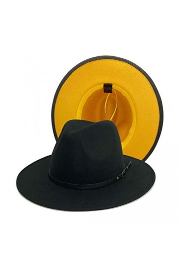 Gossifan Fedora Chapeaux pour femme à large bord en feutre bicolore avec boucle de ceinture, noir/jaune, 7 1/8/7 1/4
