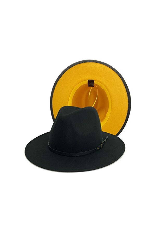 Gossifan Fedora Chapeaux pour femme à large bord en feutre bicolore avec boucle de ceinture, noir/jaune, 7 1/8/7 1/4