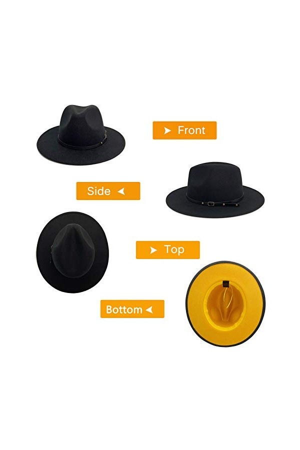 Gossifan Fedora Chapeaux pour femme à large bord en feutre bicolore avec boucle de ceinture, noir/jaune, 7 1/8/7 1/4