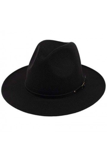 Lanzom Chapeau Panama classique à large bord pour femme avec boucle de ceinture, noir, Taille unique