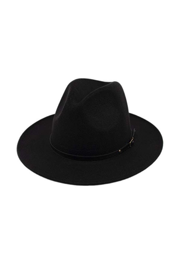 Lanzom Chapeau Panama classique à large bord pour femme avec boucle de ceinture, noir, Taille unique