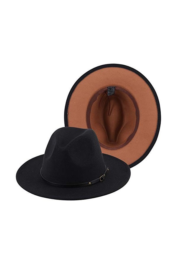 Lanzom Chapeau Panama classique à large bord pour femme avec boucle de ceinture, noir, Taille unique