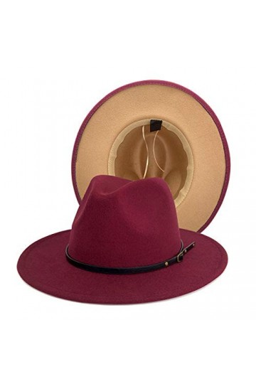 Gossifan Fedora Chapeaux pour femme à large bord en feutre bicolore avec boucle de ceinture, Bordeaux/camel, 7 1/8/7 1/4