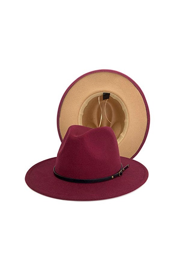 Gossifan Fedora Chapeaux pour femme à large bord en feutre bicolore avec boucle de ceinture, Bordeaux/camel, 7 1/8/7 1/4
