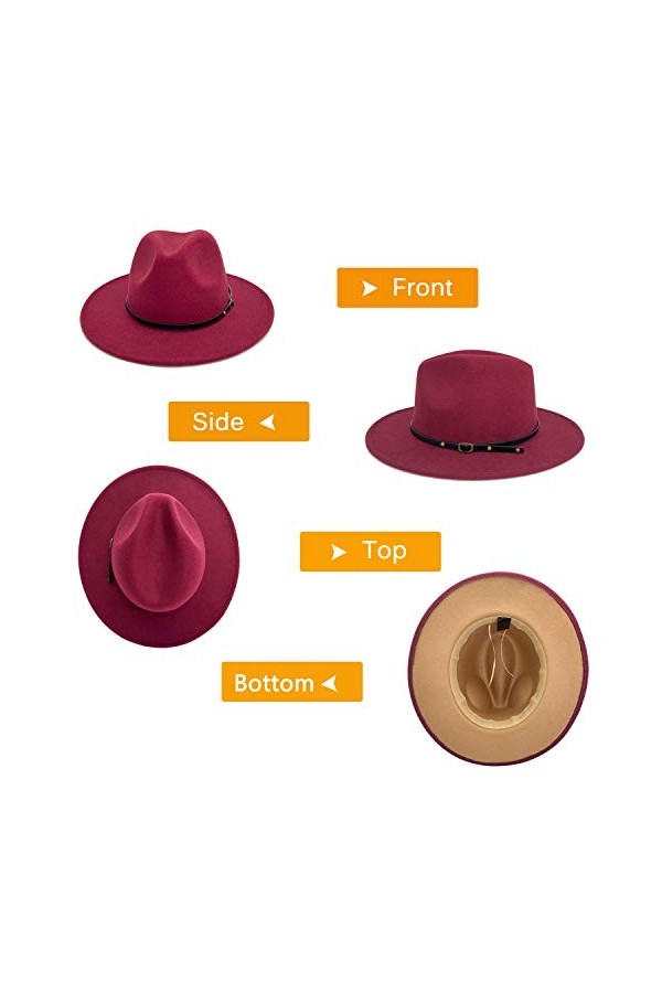 Gossifan Fedora Chapeaux pour femme à large bord en feutre bicolore avec boucle de ceinture, Bordeaux/camel, 7 1/8/7 1/4