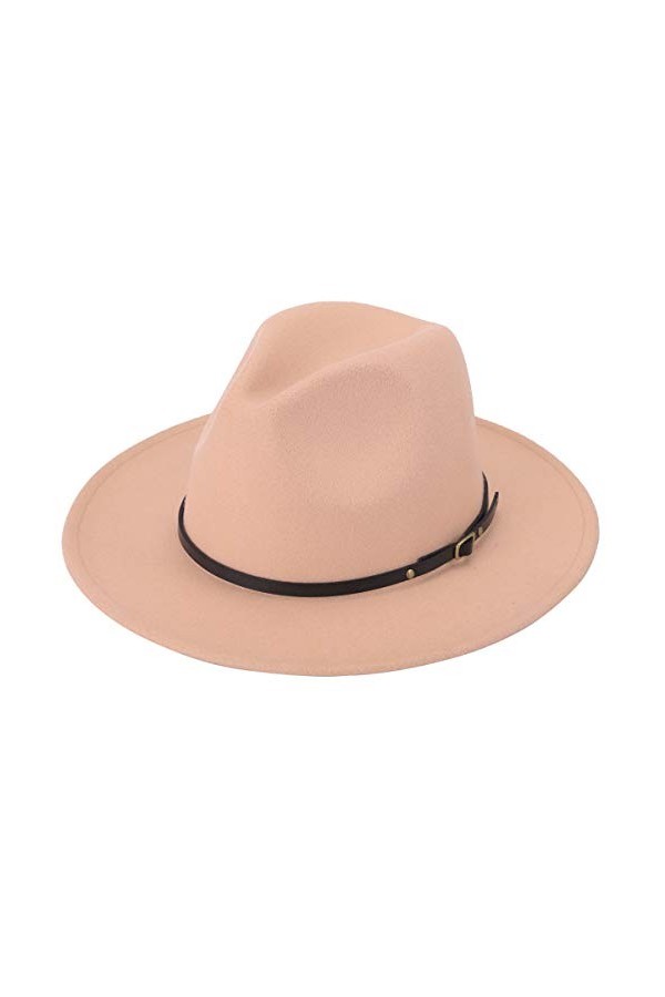 Lanzom Chapeau Fedora rétro à large bord pour femme avec boucle en laine, Ceinture X beige., Taille unique