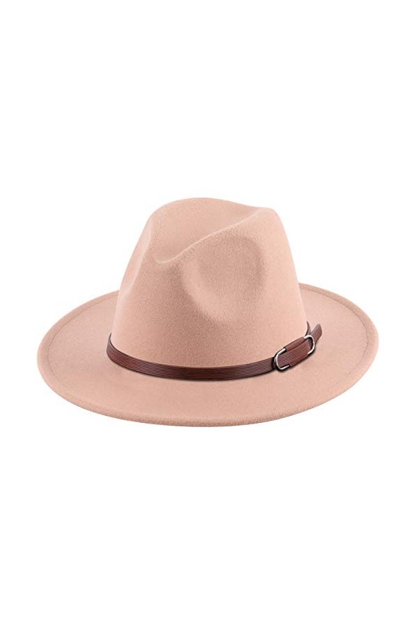 Lanzom Chapeau Fedora rétro à large bord pour femme avec boucle en laine, Ceinture X beige., Taille unique