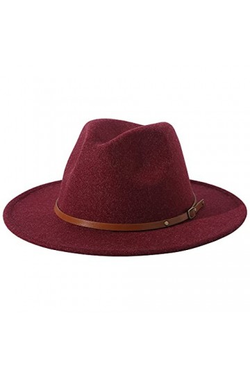 Lanzom Chapeau Fedora en feutre pour femme avec large bord en laine Panama, E-Wine Red, Taille unique
