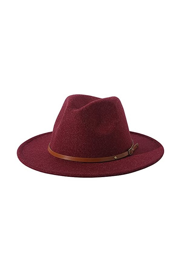 Lanzom Chapeau Fedora en feutre pour femme avec large bord en laine Panama, E-Wine Red, Taille unique