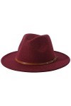Lanzom Chapeau Fedora en feutre pour femme avec large bord en laine Panama, E-Wine Red, Taille unique