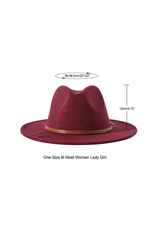 Lanzom Chapeau Fedora en feutre pour femme avec large bord en laine Panama, E-Wine Red, Taille unique