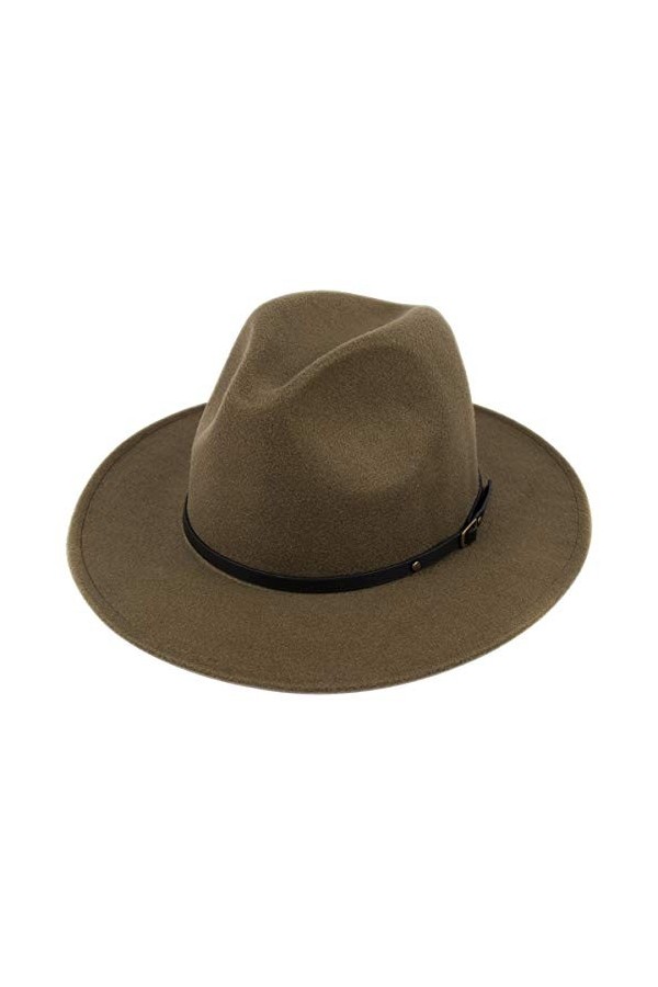 Lanzom Chapeau panama classique à large bord pour femme avec boucle de ceinture en laine Taille 39/40/42, Vert olive., taille