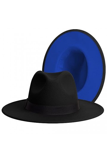 Chapeau Fedora classique à large bord pour femme Bicolore avec bande réglable Patchwork Couleurs Panama - noir - Taille L