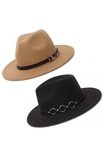 EOZY Lot de 2 chapeaux Fedora classiques à large bord avec boucle de ceinture en feutre Panama pour femme et fille - noir - 5