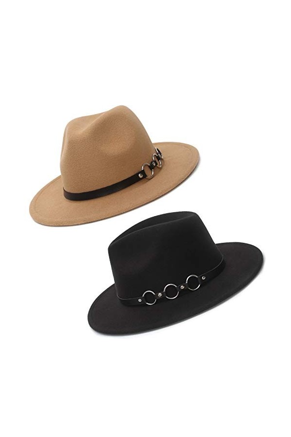 EOZY Lot de 2 chapeaux Fedora classiques à large bord avec boucle de ceinture en feutre Panama pour femme et fille - noir - 5