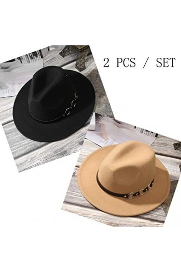 EOZY Lot de 2 chapeaux Fedora classiques à large bord avec boucle de ceinture en feutre Panama pour femme et fille - noir - 5