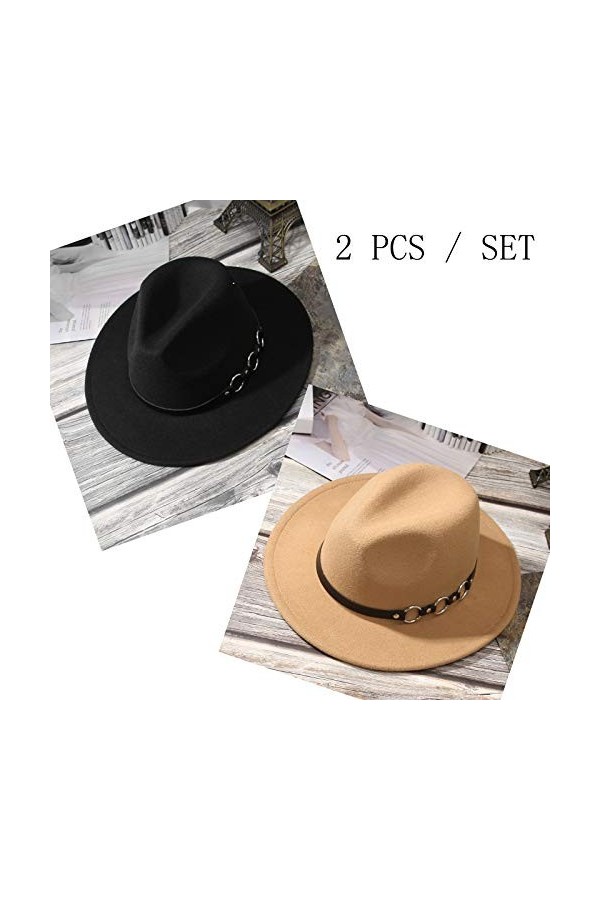 EOZY Lot de 2 chapeaux Fedora classiques à large bord avec boucle de ceinture en feutre Panama pour femme et fille - noir - 5