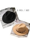EOZY Lot de 2 chapeaux Fedora classiques à large bord avec boucle de ceinture en feutre Panama pour femme et fille - noir - 5