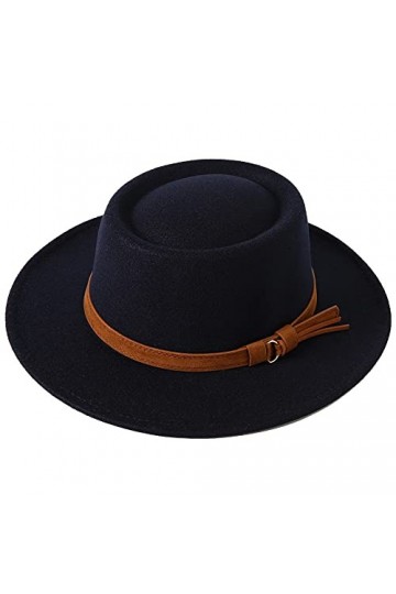 Lanzom Chapeau Fedora vintage à large bord en laine chaude pour femme, b-navy, Taille M