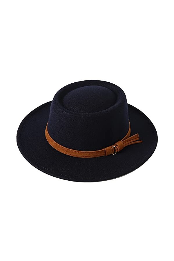 Lanzom Chapeau Fedora vintage à large bord en laine chaude pour femme, b-navy, Taille M