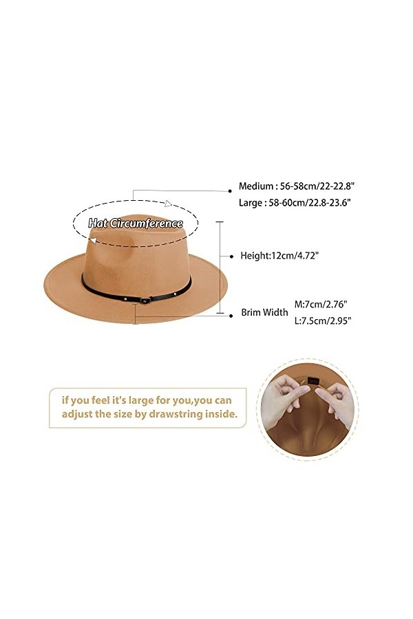 jingsha Chapeau Fedora à large bord en feutre pour homme et femme avec boucle de ceinture Camel